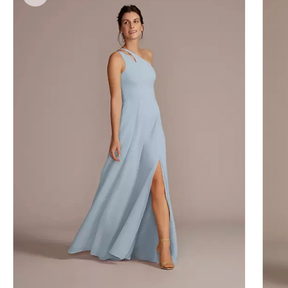David's Bridal One-Shoulder Light Blue Bridesmaid Dress - Picture 1 of 3